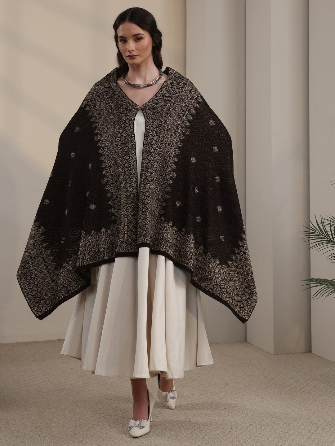 Libas Black Geometric Embroidered Acrylic Wrap Shawl