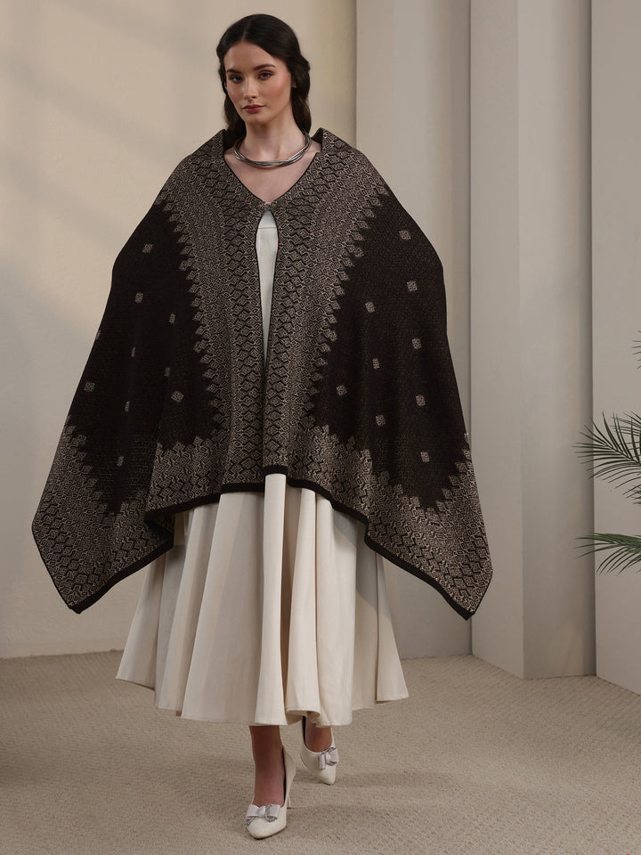 Libas Black Geometric Embroidered Acrylic Wrap Shawl