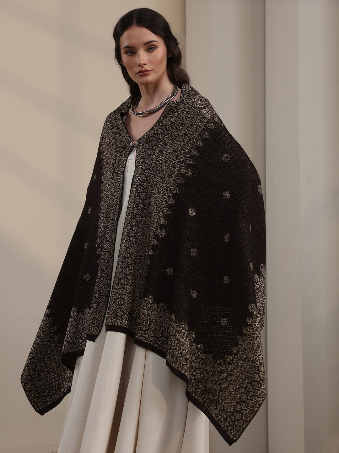 Libas Black Geometric Embroidered Acrylic Wrap Shawl