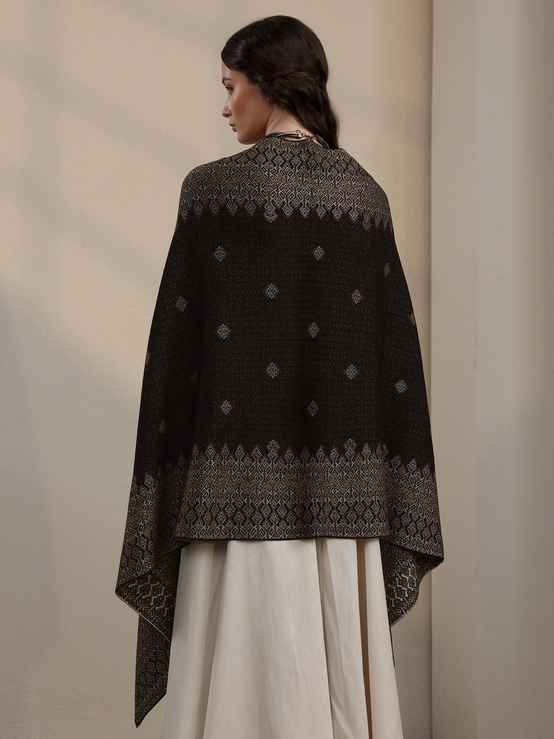 Libas Black Geometric Embroidered Acrylic Wrap Shawl