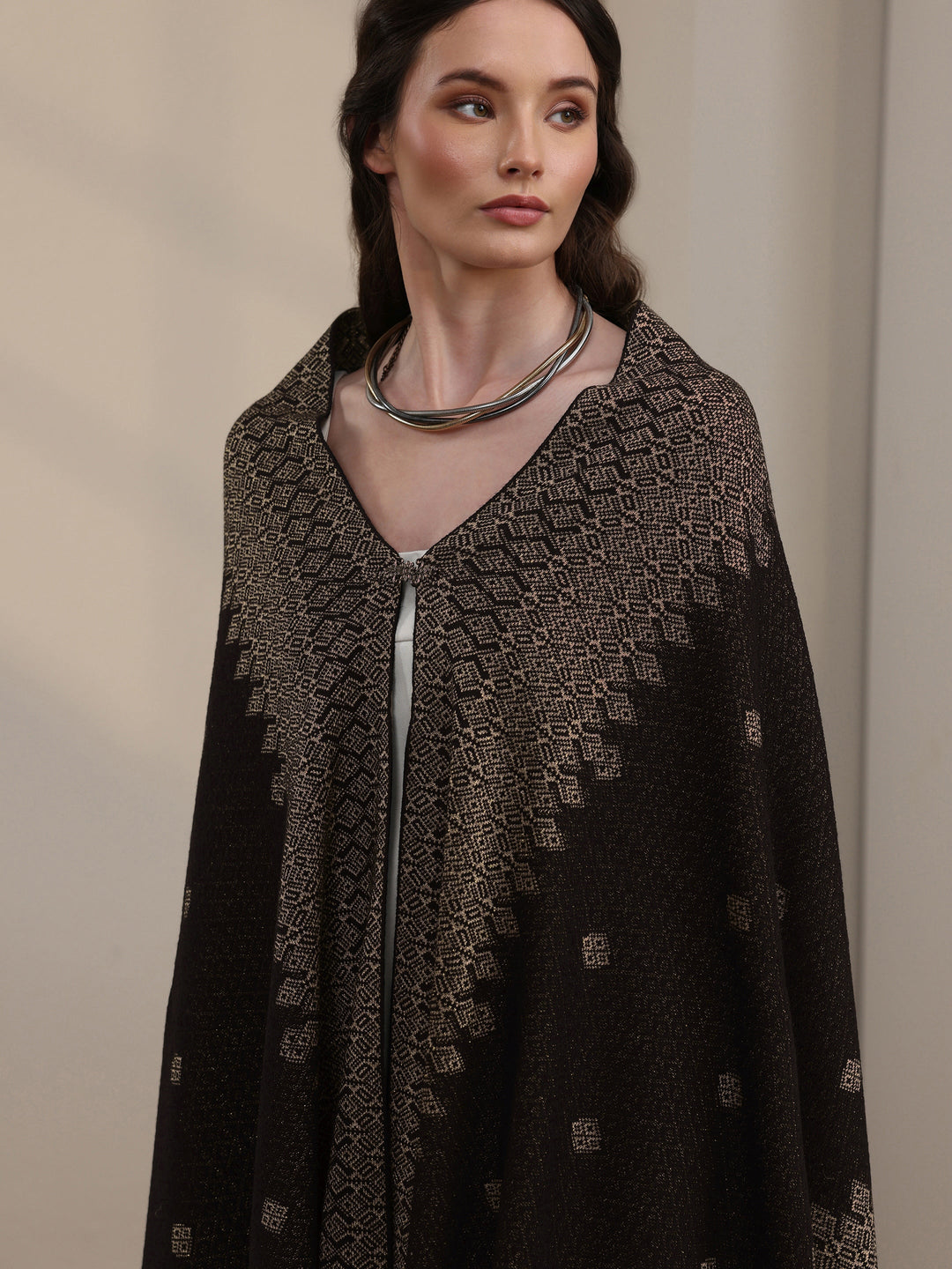 Libas Black Geometric Embroidered Acrylic Wrap Shawl
