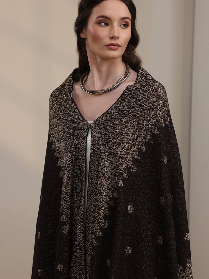 Libas Black Geometric Embroidered Acrylic Wrap Shawl