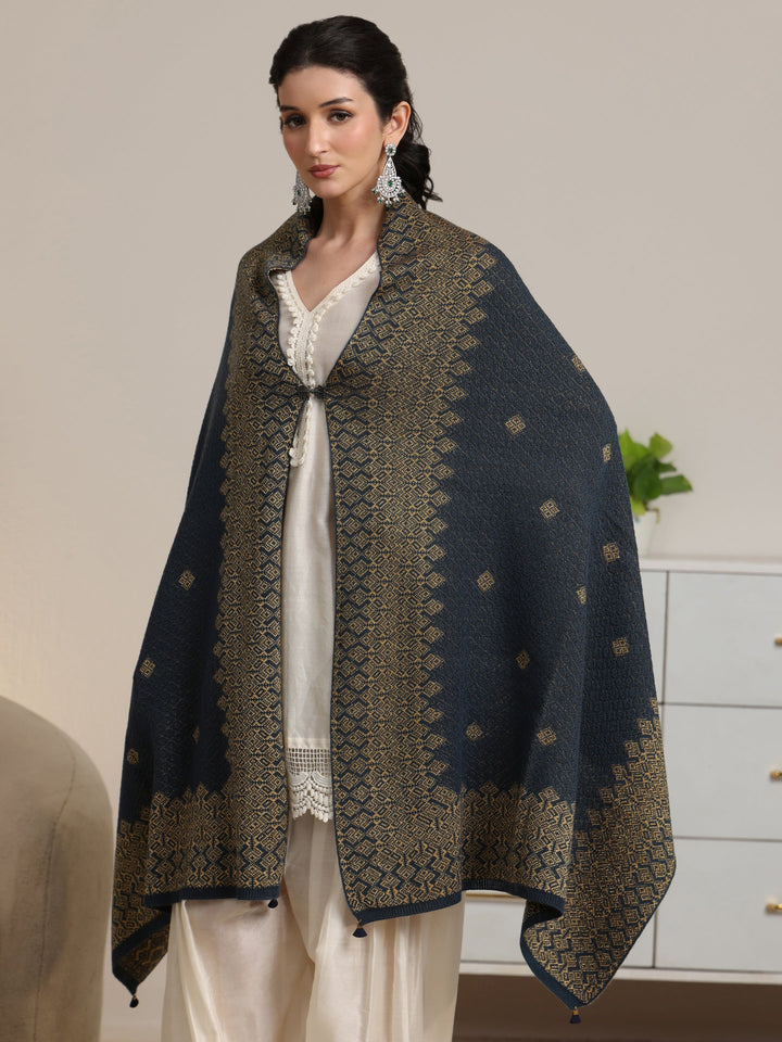 Libas Teal Blue Ethnic Knitted Acrylic Wrap Shawl