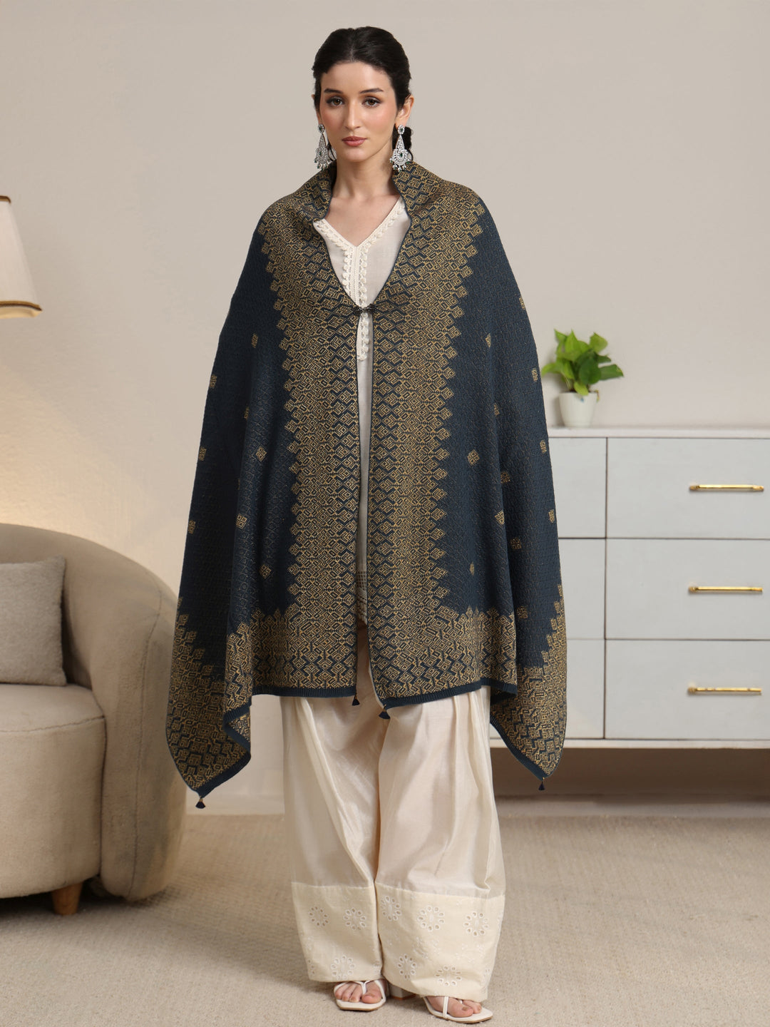 Libas Teal Blue Ethnic Knitted Acrylic Wrap Shawl