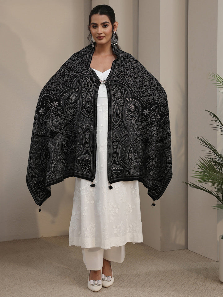 Libas Black Ethnic Embroidered Acrylic Wrap Shawl