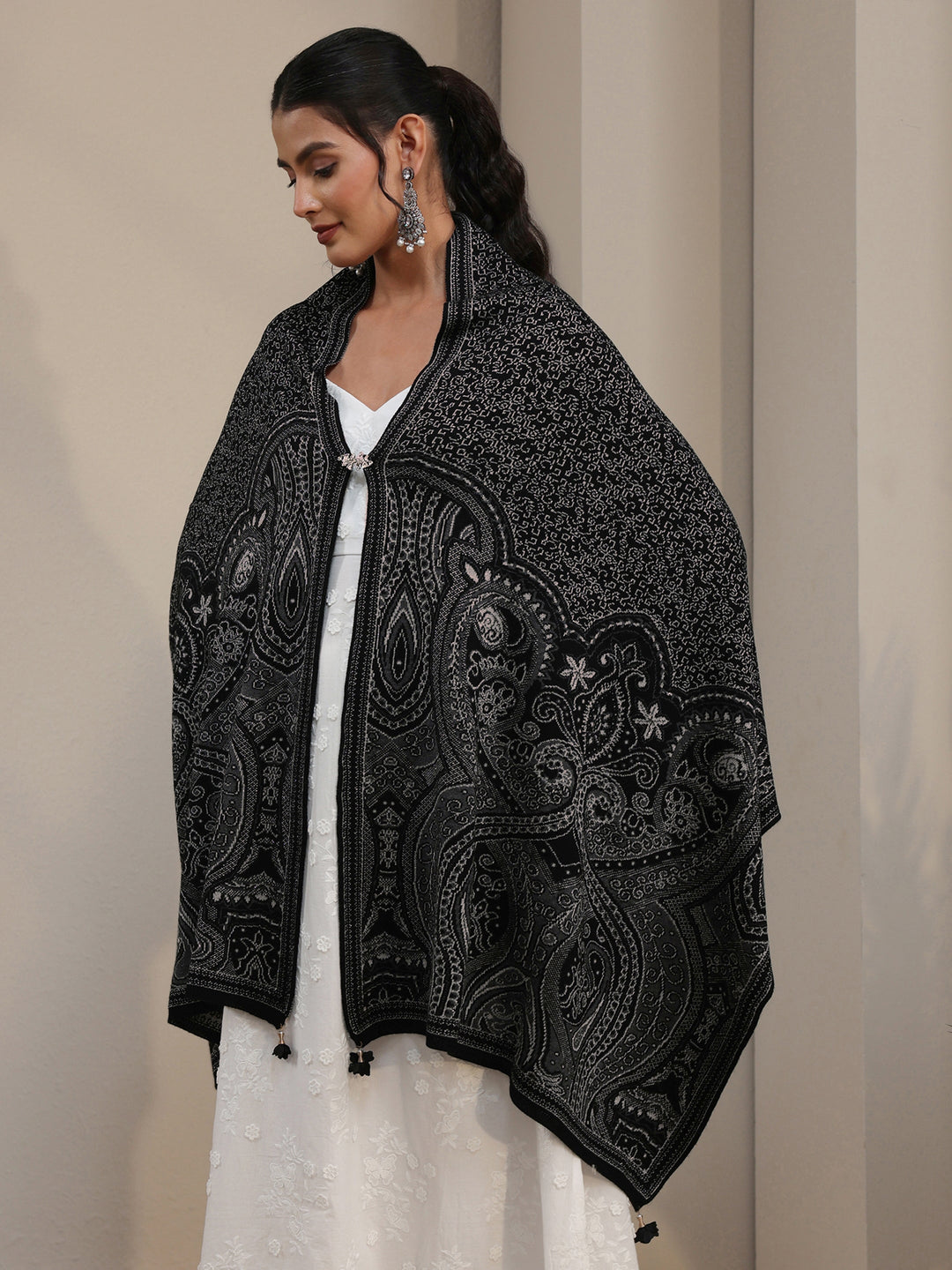Libas Black Ethnic Embroidered Acrylic Wrap Shawl