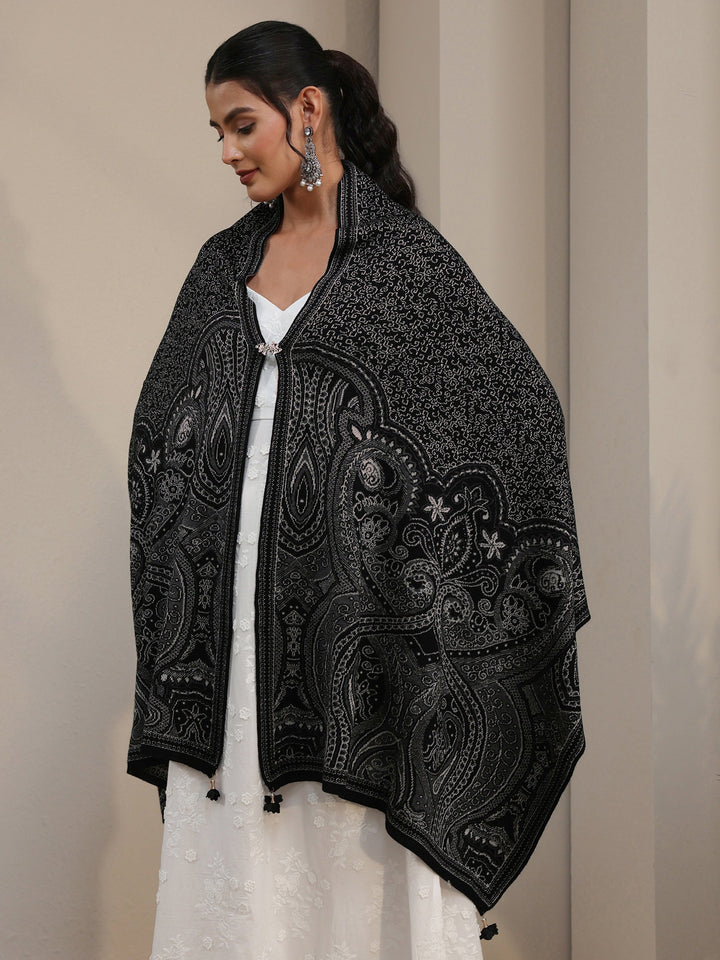 Libas Black Ethnic Embroidered Acrylic Wrap Shawl