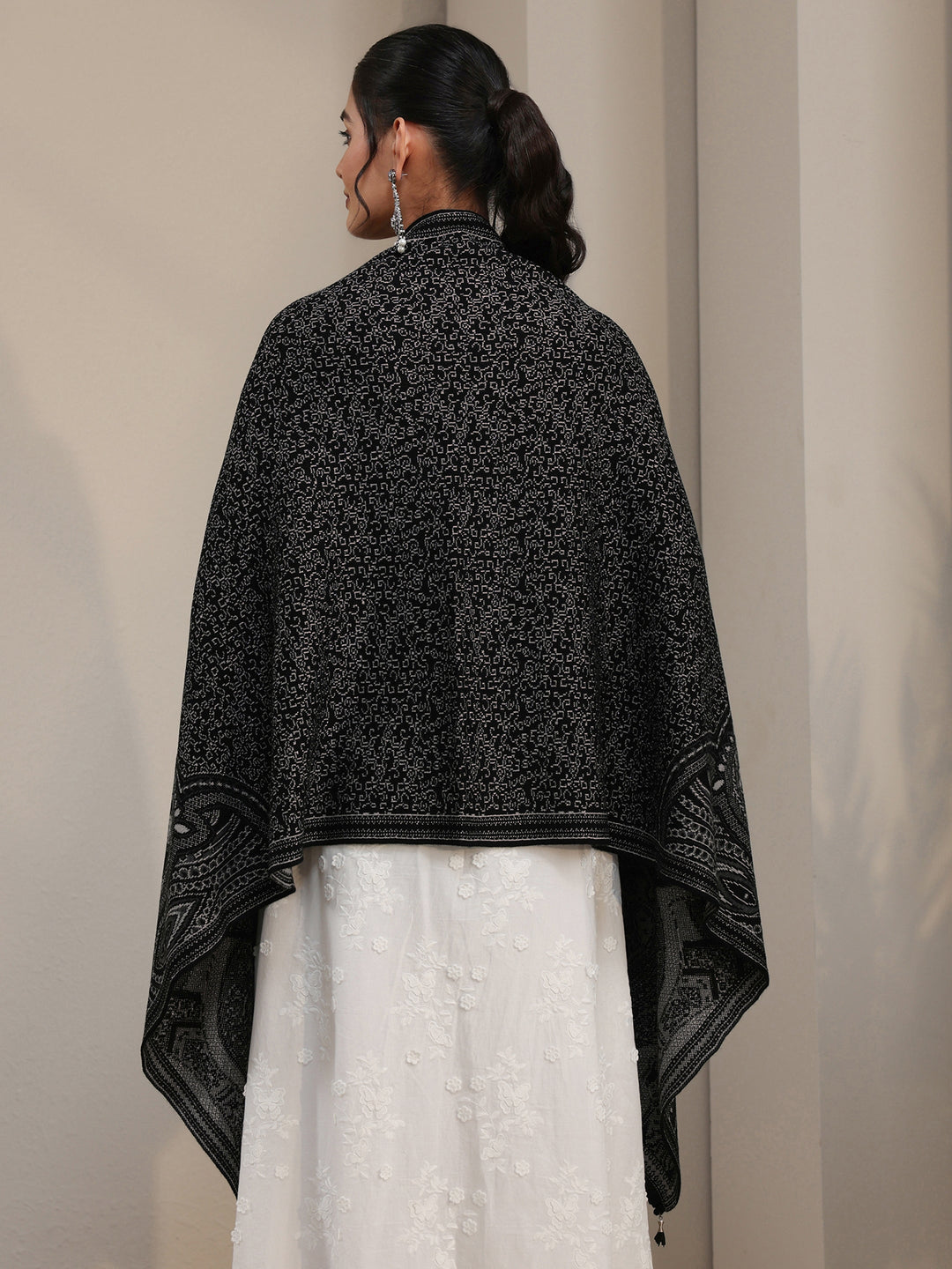 Libas Black Ethnic Embroidered Acrylic Wrap Shawl
