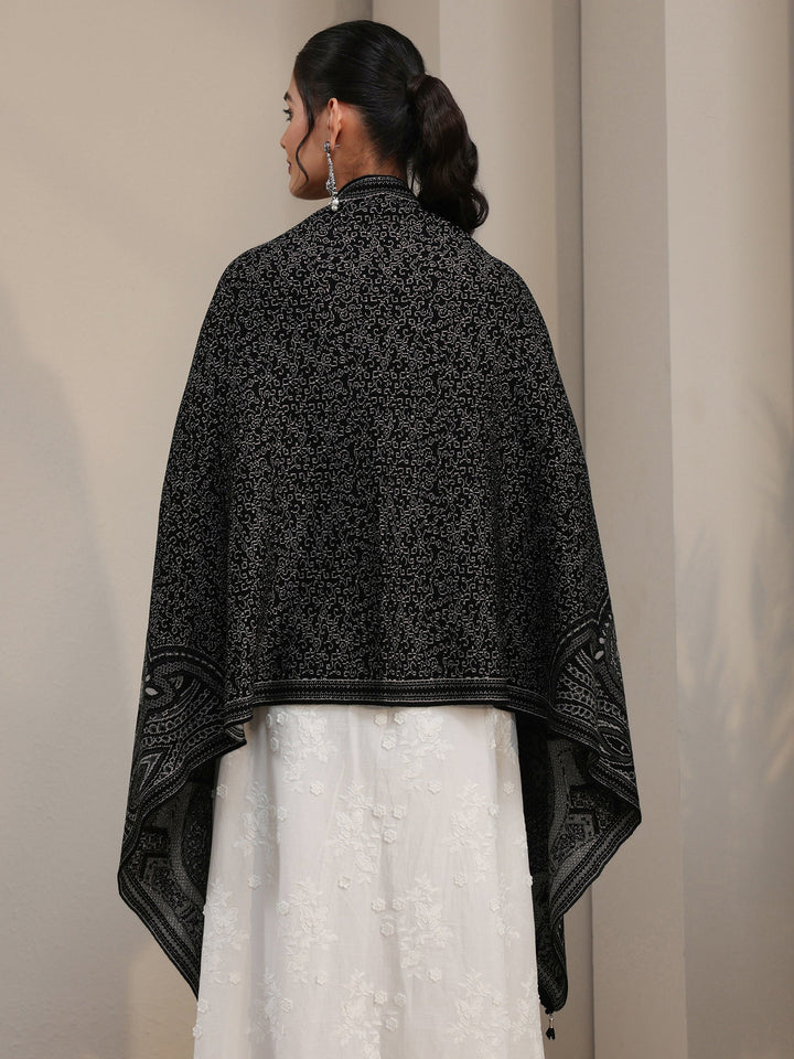 Libas Black Ethnic Embroidered Acrylic Wrap Shawl