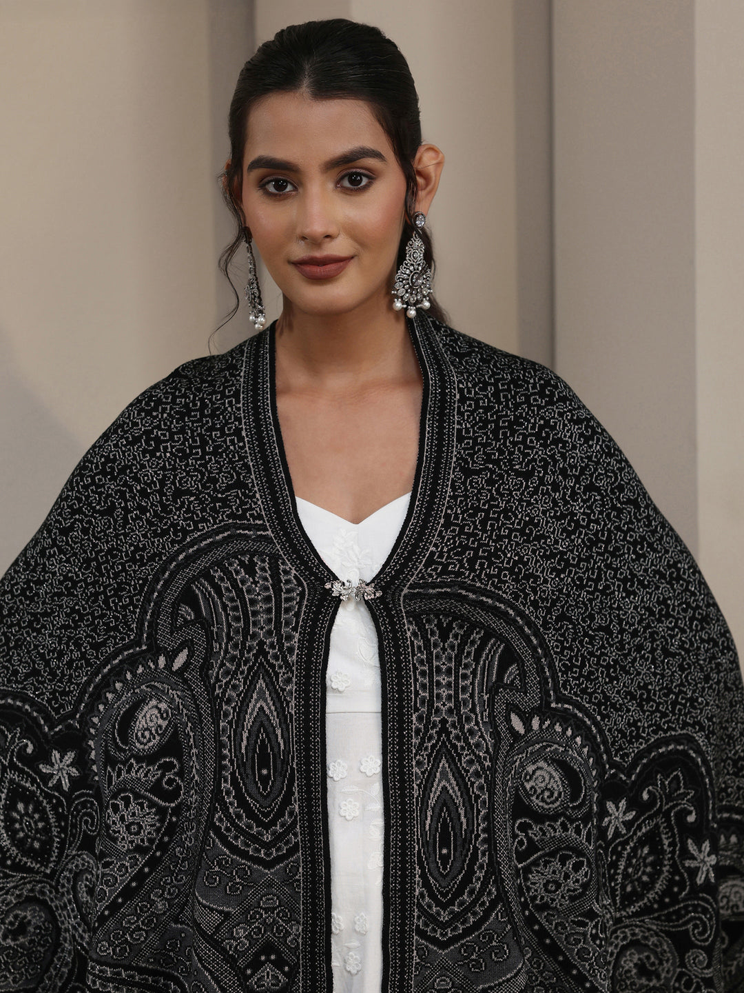 Libas Black Ethnic Embroidered Acrylic Wrap Shawl