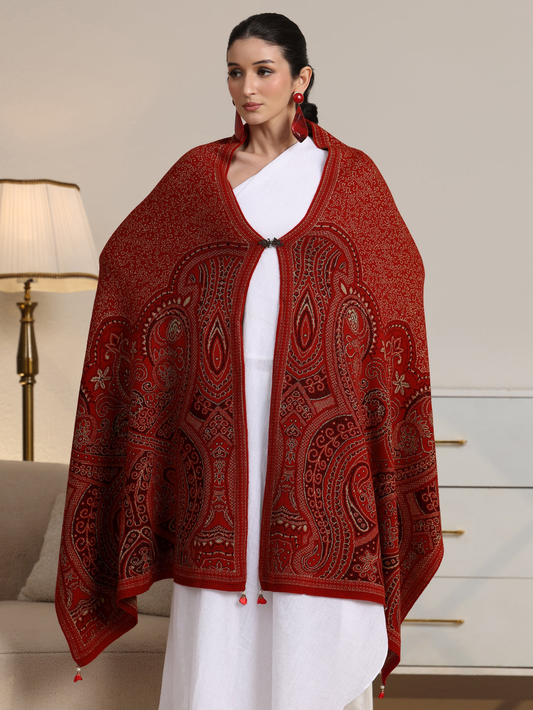 Libas Red Ethnic Knitted Acrylic Wrap Shawl