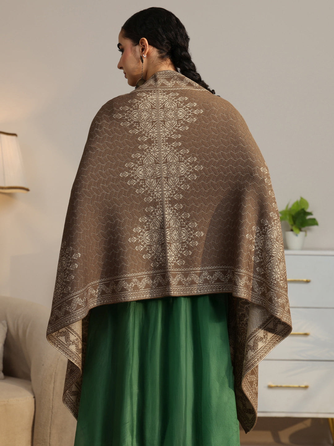 Libas Beige Ethnic Knitted Acrylic Wrap Shawl