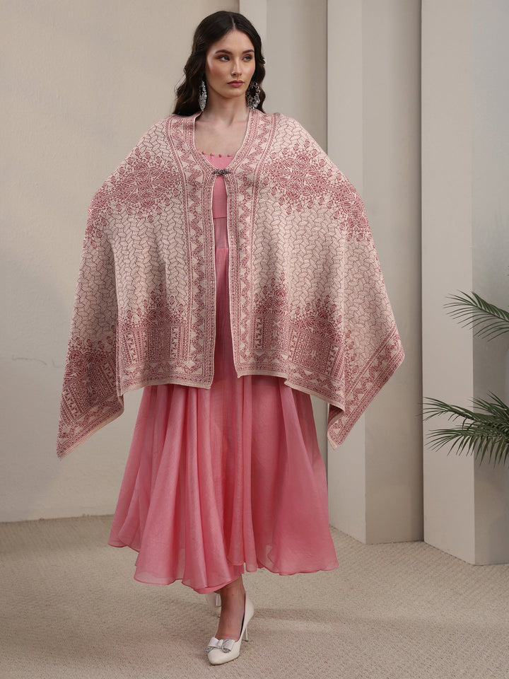Libas Baby Pink Ethnic Embroidered Acrylic Wrap Shawl