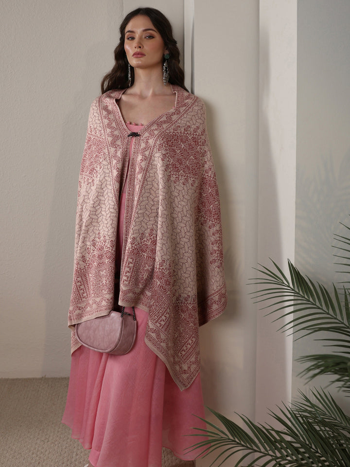 Libas Baby Pink Ethnic Embroidered Acrylic Wrap Shawl