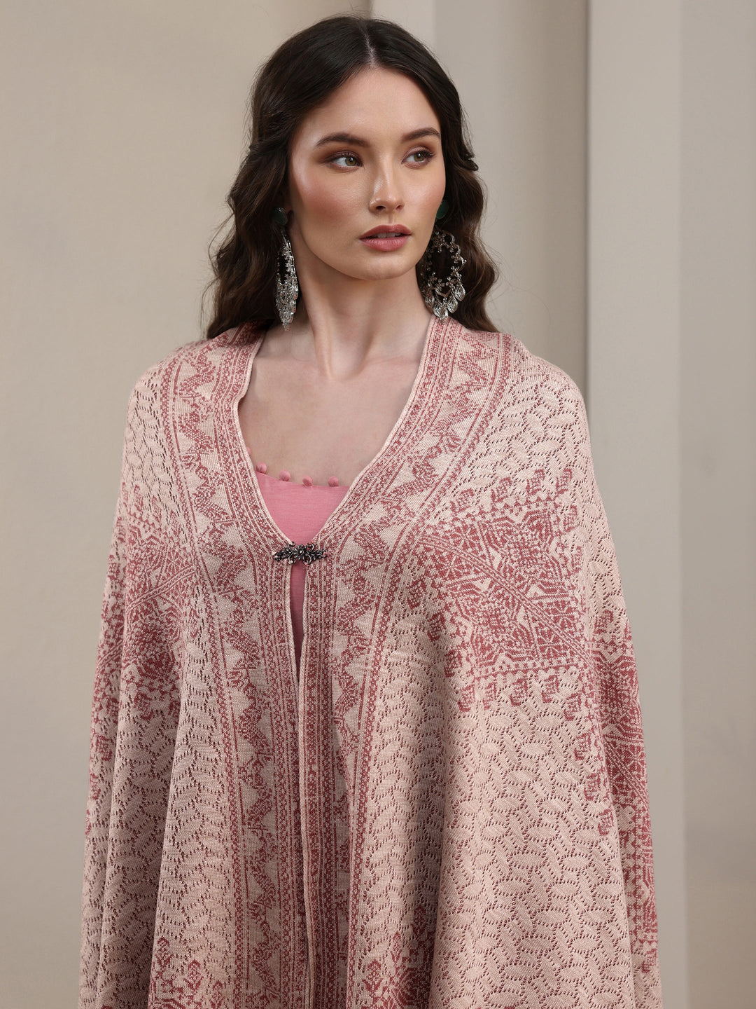 Libas Baby Pink Ethnic Embroidered Acrylic Wrap Shawl