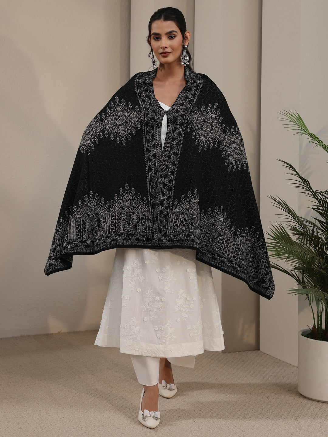 Libas Black Ethnic Embroidered Acrylic Wrap Shawl