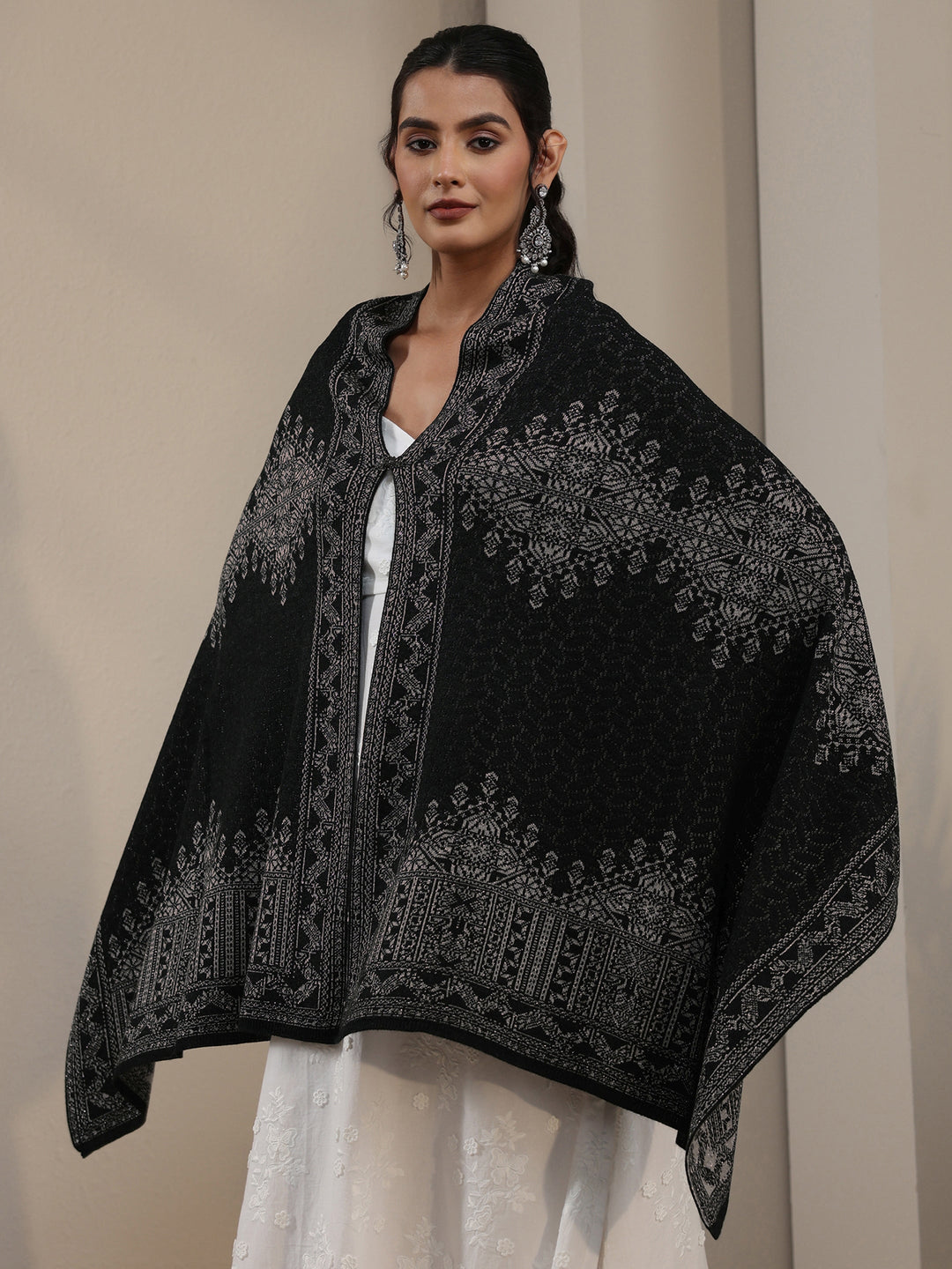 Libas Black Ethnic Embroidered Acrylic Wrap Shawl