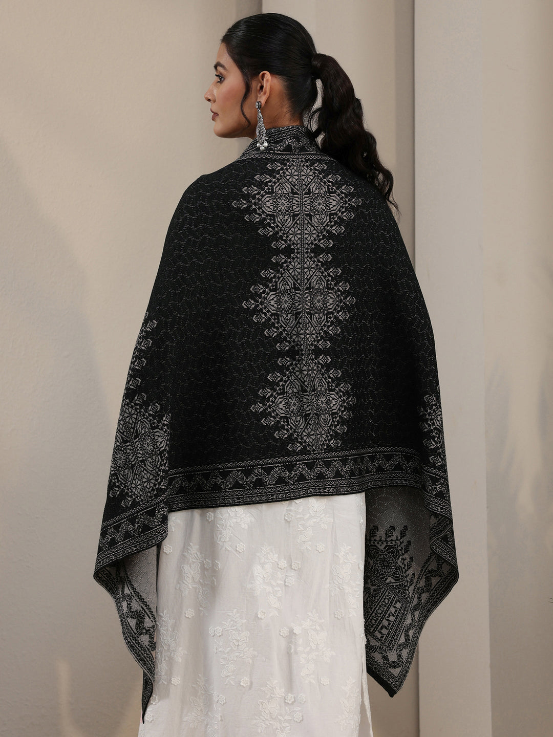 Libas Black Ethnic Embroidered Acrylic Wrap Shawl