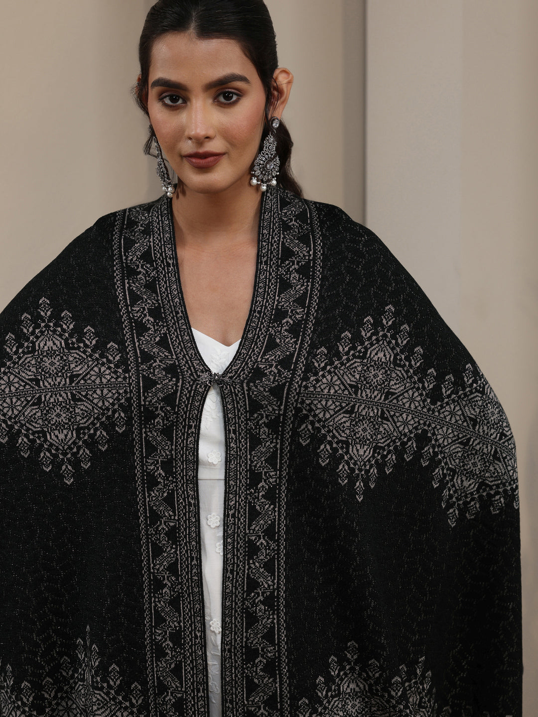 Libas Black Ethnic Embroidered Acrylic Wrap Shawl