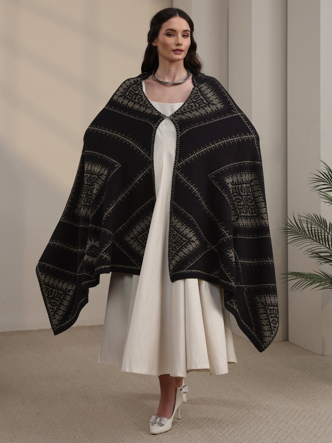 Libas Black Ethnic Embroidered Acrylic Wrap Shawl