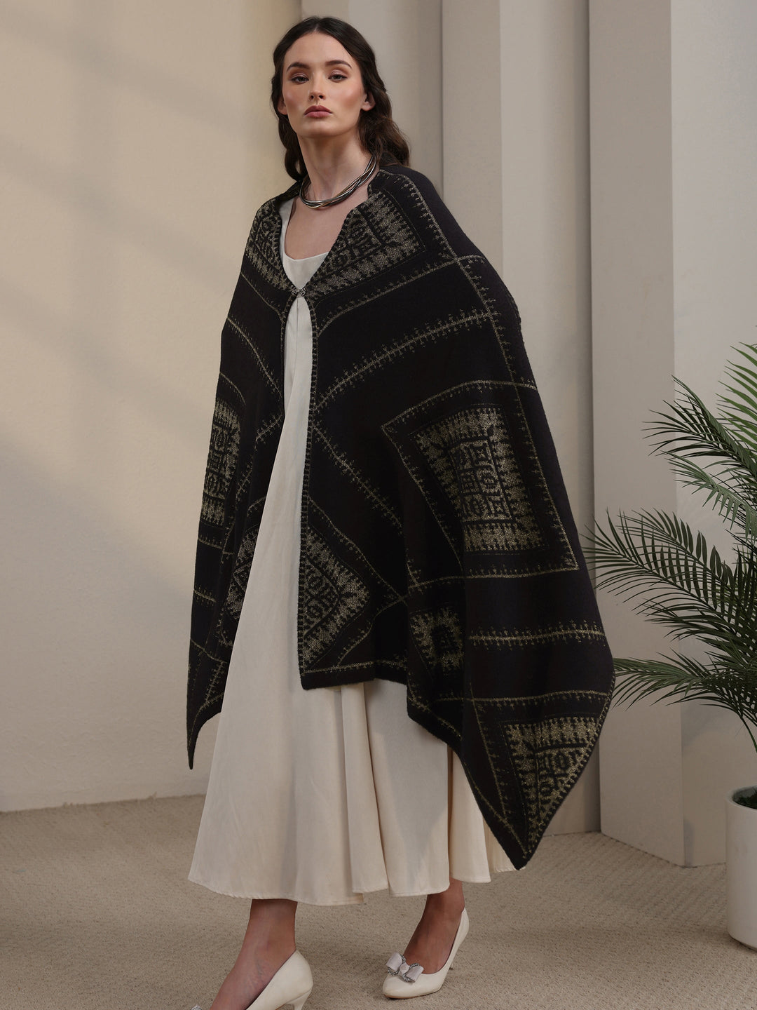 Libas Black Ethnic Embroidered Acrylic Wrap Shawl