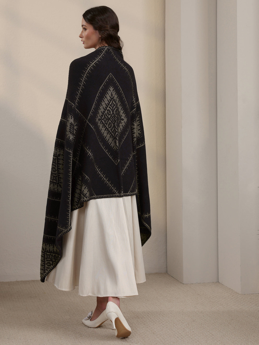 Libas Black Ethnic Embroidered Acrylic Wrap Shawl