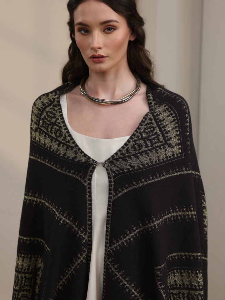 Libas Black Ethnic Embroidered Acrylic Wrap Shawl