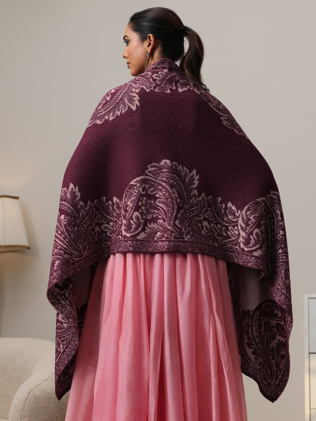 Libas Magenta Pink Floral Knitted Acrylic Wrap Shawl