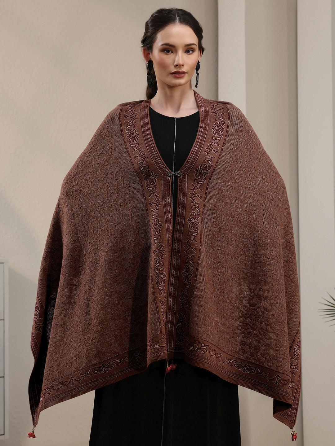 Libas Brown Ethnic Embrodiered Acrylic Wrap Shawl