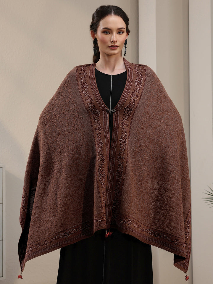 Libas Brown Ethnic Embrodiered Acrylic Wrap Shawl