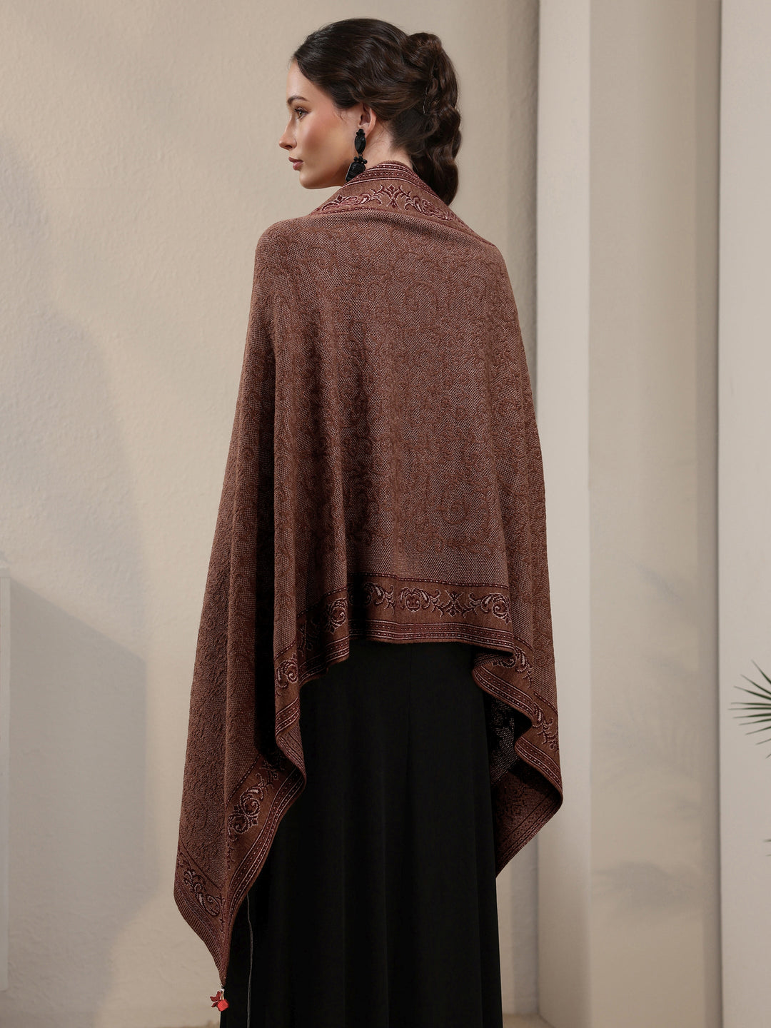 Libas Brown Ethnic Embrodiered Acrylic Wrap Shawl