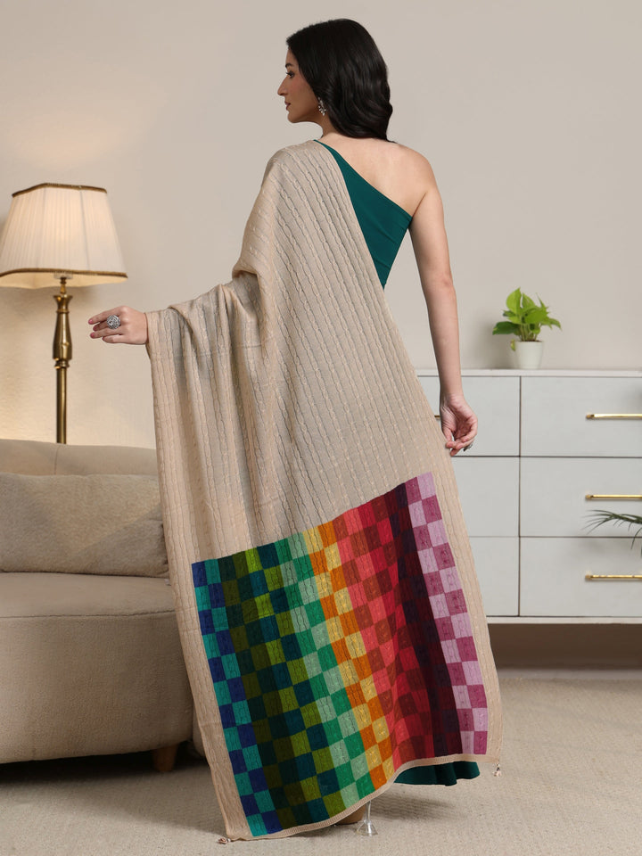 Libas Beige Geometric Knitted Acrylic Shawl