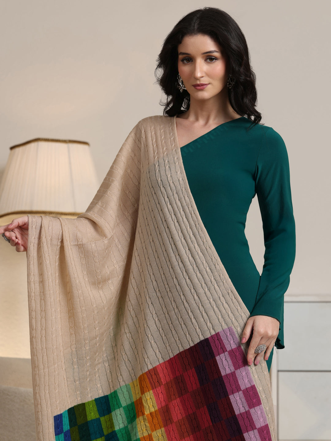 Libas Beige Geometric Knitted Acrylic Shawl