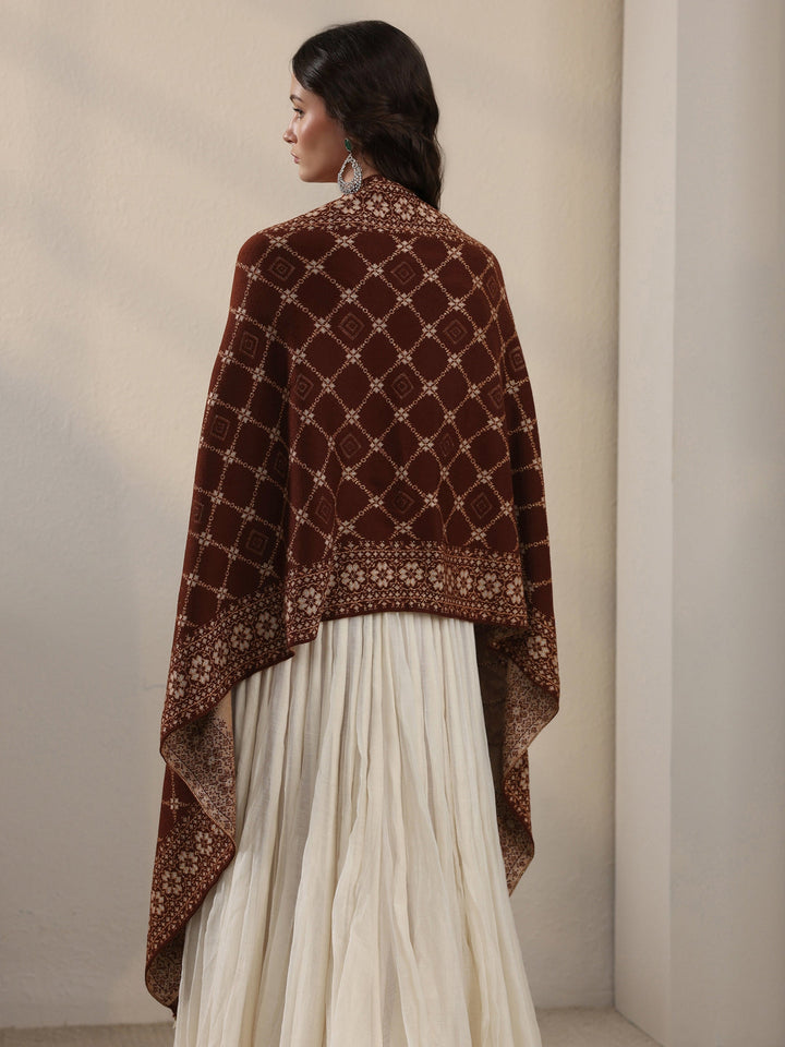 Libas Brown Jaal Pattern Embroidered Acrylic Wrap Shawl