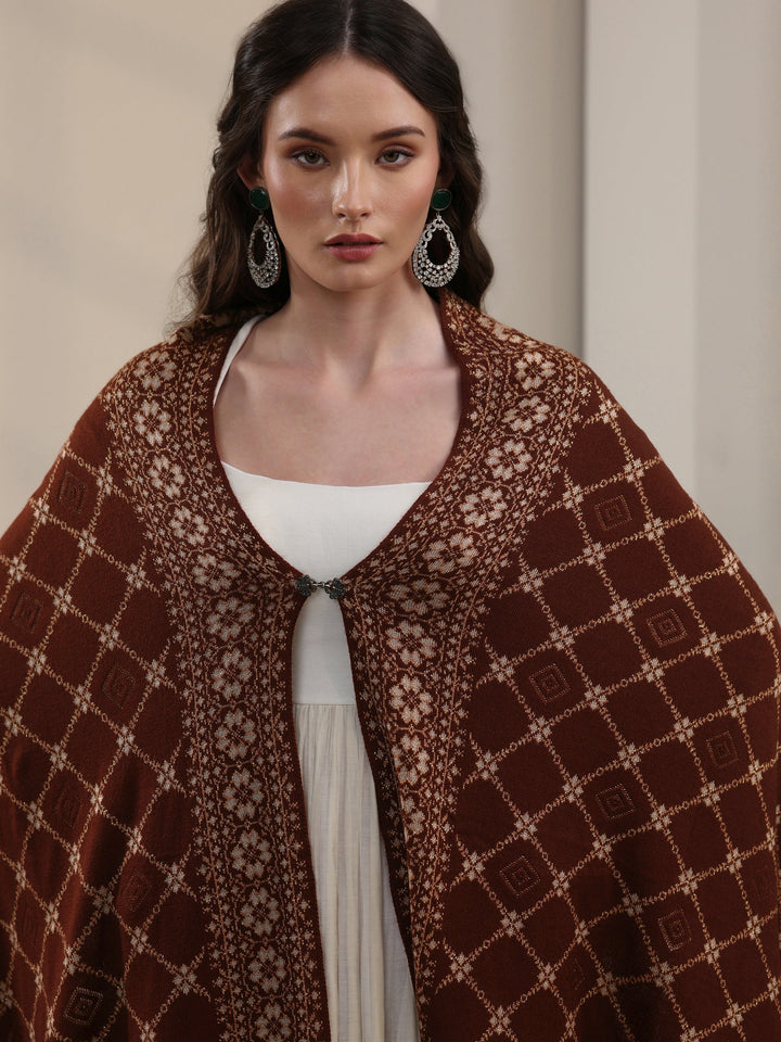 Libas Brown Jaal Pattern Embroidered Acrylic Wrap Shawl