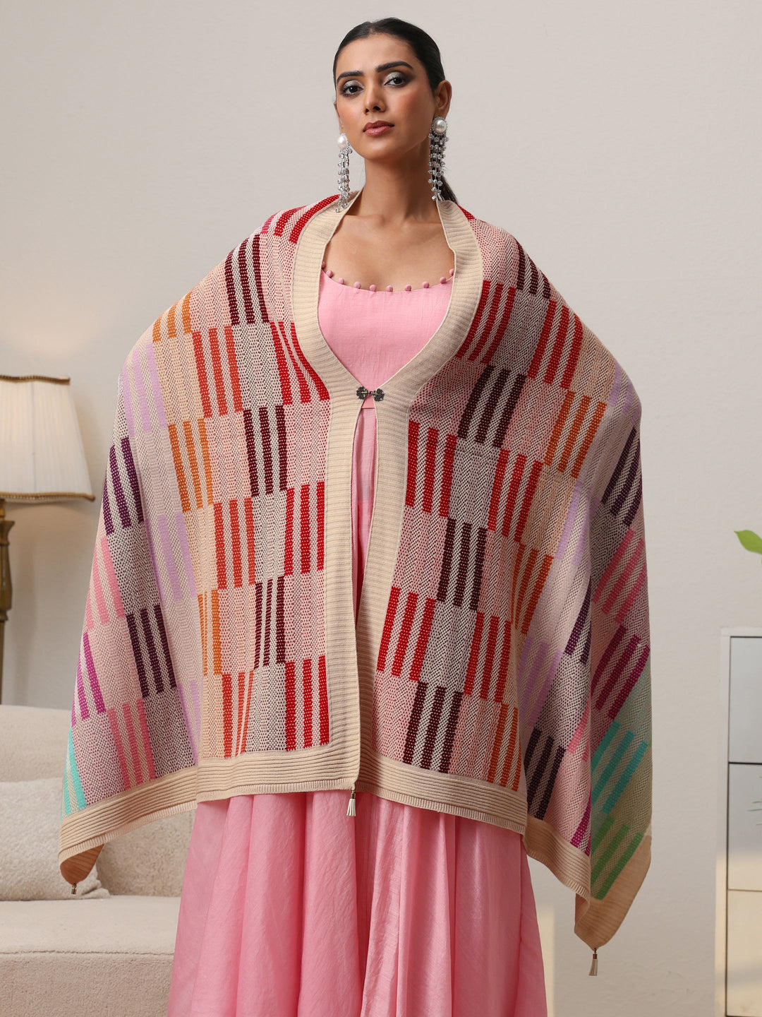 Libas Off White Geometric Knitted Acrylic Wrap Shawl