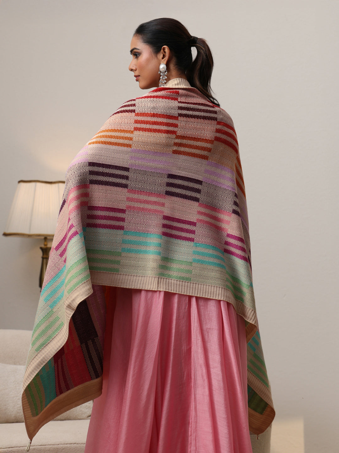 Libas Off White Geometric Knitted Acrylic Wrap Shawl