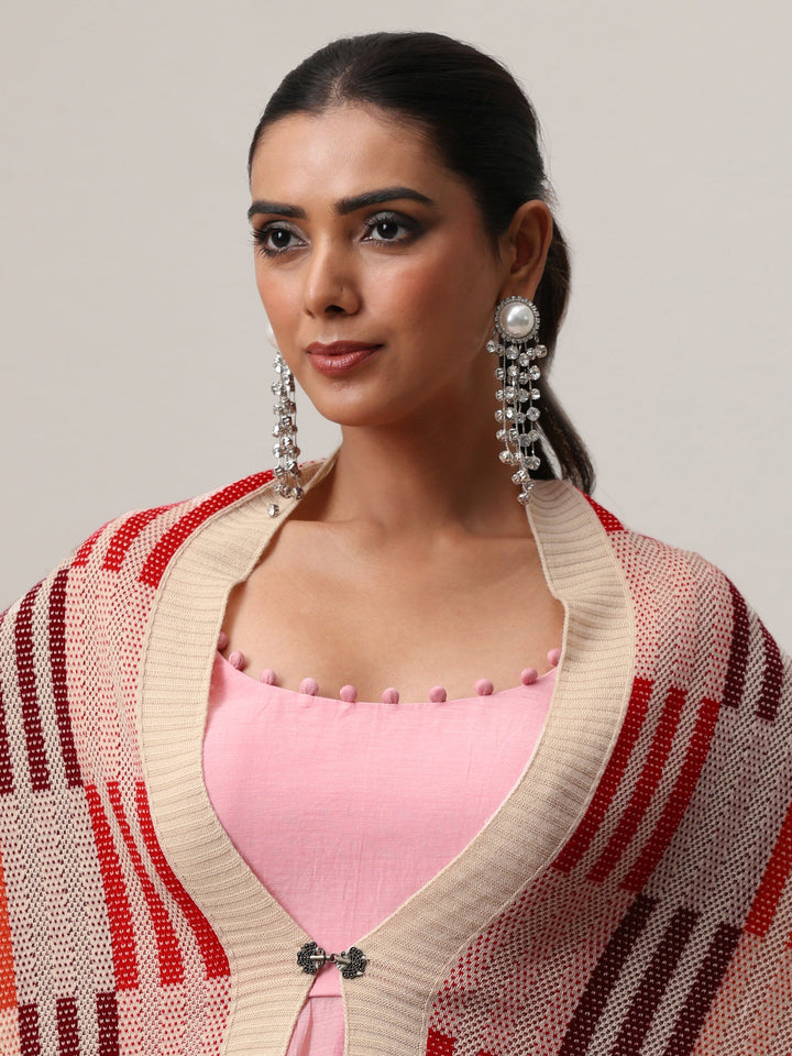 Libas Off White Geometric Knitted Acrylic Wrap Shawl