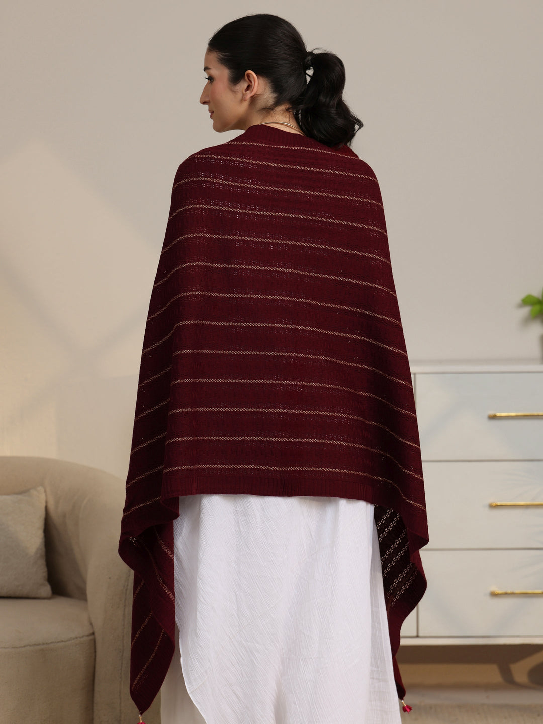 Libas Maroon Striped Knitted Acrylic Shawl