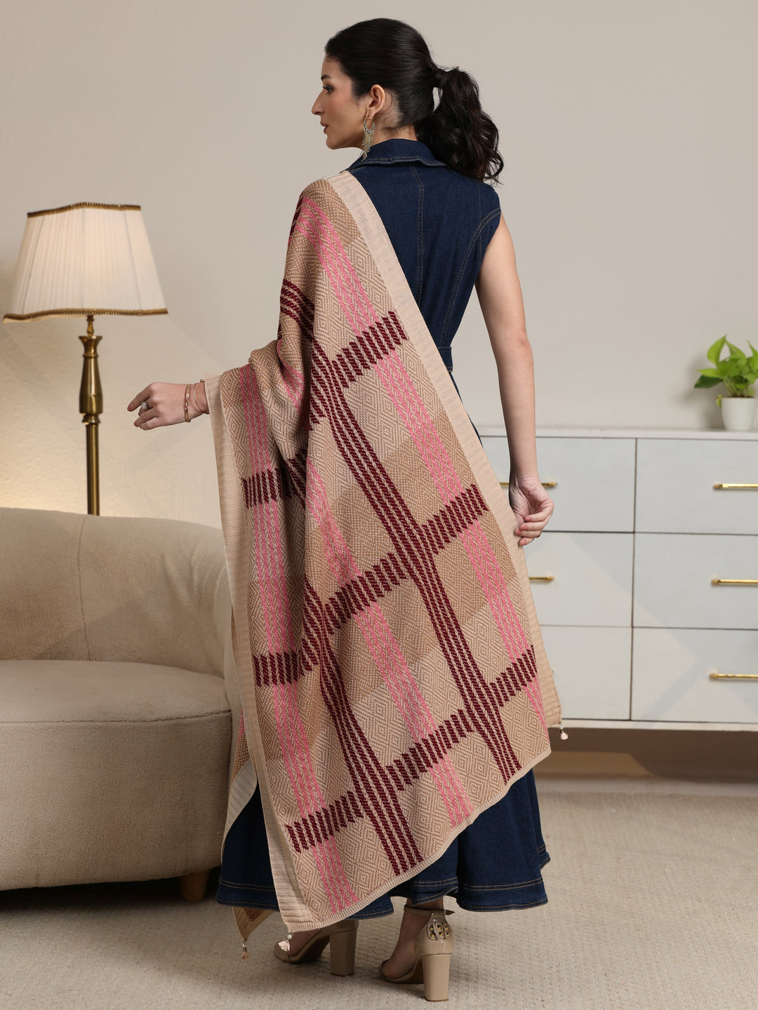 Libas Beige Geometric Knitted Acrylic Shawl