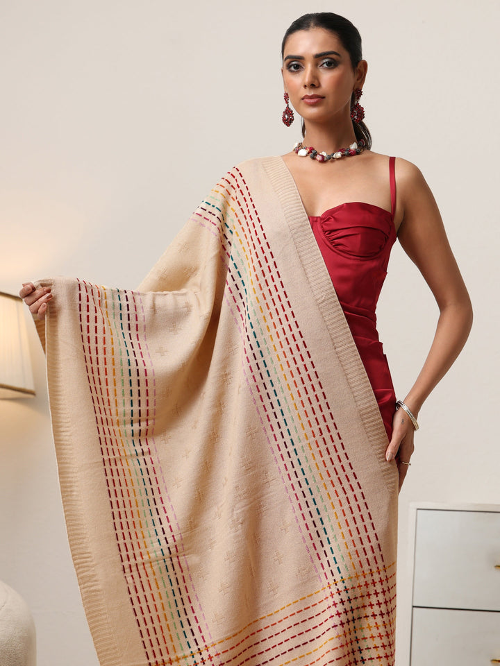 Libas Off White Geometric Knitted Acrylic Shawl