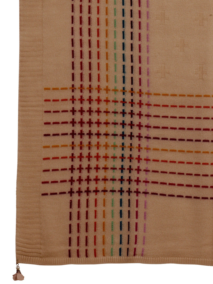 Libas Off White Geometric Knitted Acrylic Shawl