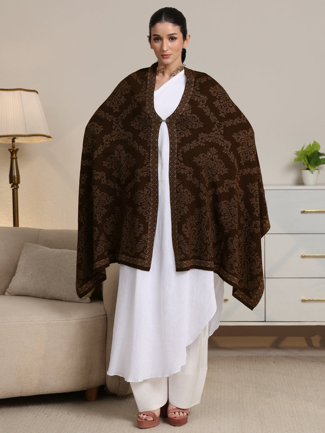 Libas Brown Ethnic Knitted Acrylic Wrap Shawl