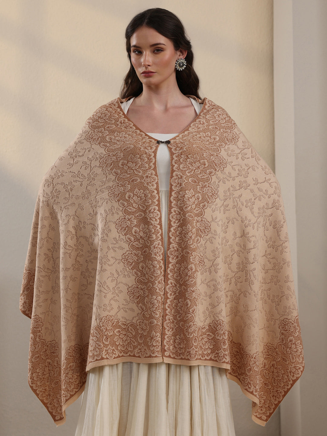 Libas Off White Floral Embroidered Acrylic Wrap Shawl
