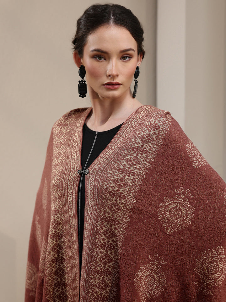 Libas Rust Brown Ethnic Embroidered Acrylic Wrap Shawl