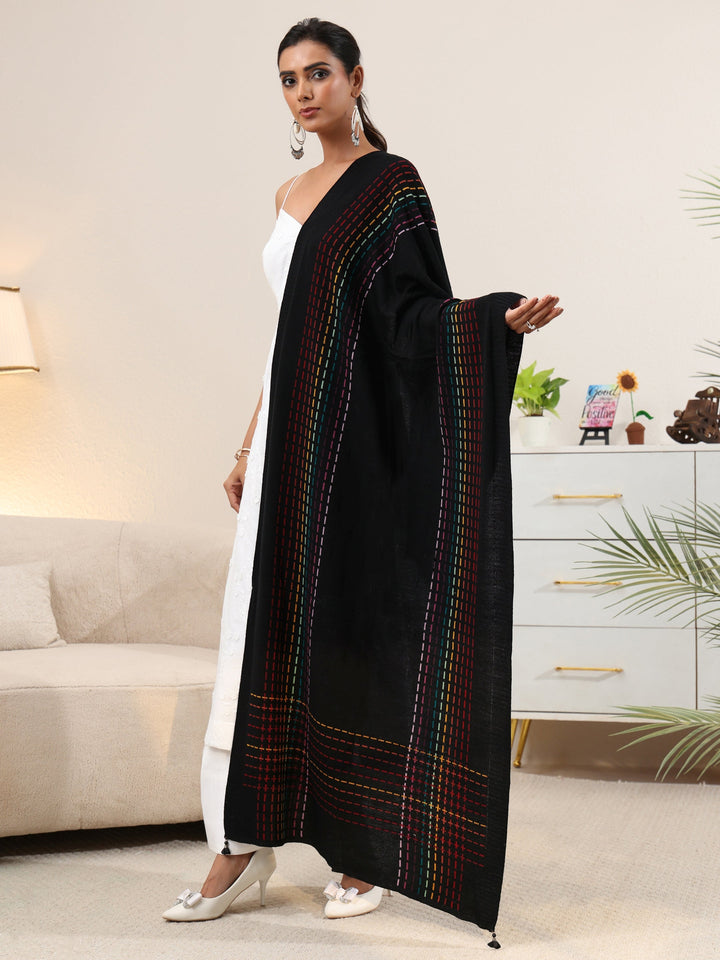 Libas Black Geometric Knitted Acrylic Shawl