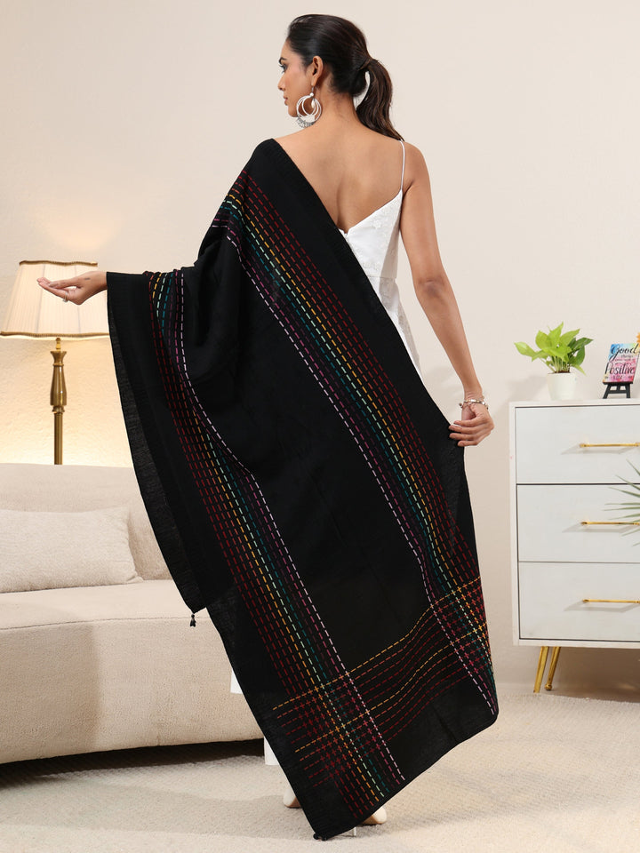 Libas Black Geometric Knitted Acrylic Shawl