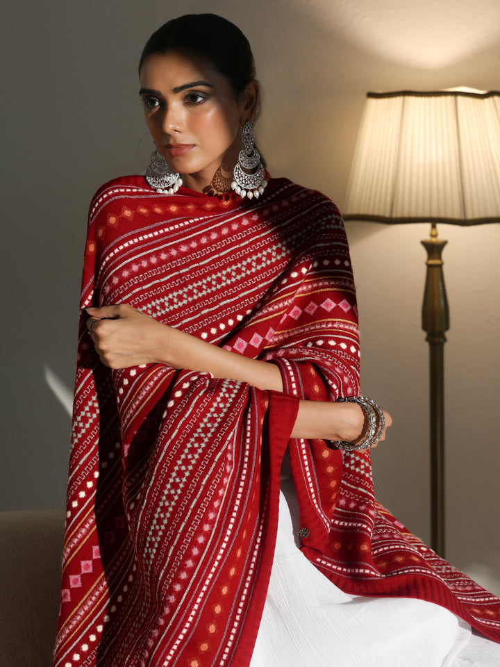 Libas Crimson Red Geometric Knitted Acrylic Wrap Shawl