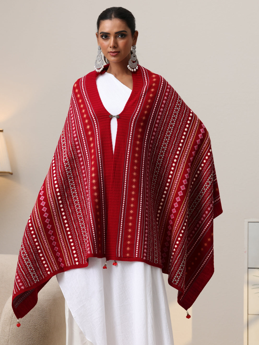 Libas Crimson Red Geometric Knitted Acrylic Wrap Shawl