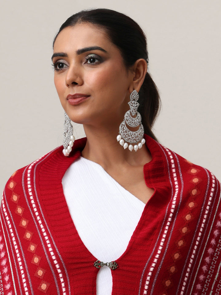 Libas Crimson Red Geometric Knitted Acrylic Wrap Shawl